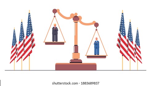 unhappy american republican and happy newly elected democratic president of united states standing on scales presidential election competition concept horizontal full length vector illustration