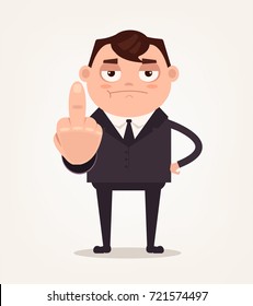Unhappy angry boss office worker employee man showing middle finger and show disrespect. Vector flat cartoon illustration