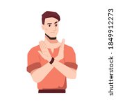 Unhappy or angry brunette woman showing crossed hands sign. Gesture meaning to stop, that s enough symbol. Refusal or denial, negative thoughts expression. Cartoon character, vector in flat style