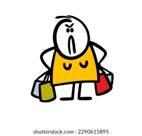 Unhappy angry woman holds heavy bags after shopping. Vector illustration of upset housewife.