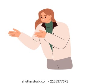 Mujer infeliz y fastidiada haciendo gestos, explicando el fracaso. Frustrada e irritada persona decepcionada haciendo excusas. El descontento insatisface la emoción. Ilustración vectorial plana aislada en fondo blanco