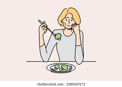 Unhappy anorexic woman suffer eating food. Upset stressed skinny female struggle with meal disorder. Health problem and healthcare. Vector illustration. 