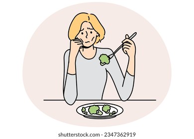 Una mujer anoréxica infeliz sufre comiendo comida. Las mujeres discapacitadas y estresadas luchan contra el desorden alimentario. Problemas de salud y salud. Ilustración vectorial.