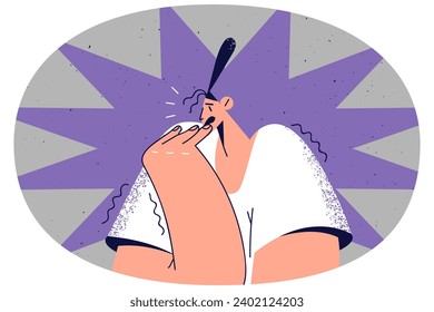 Unhappy anxious young woman feeling scared and terrified. Worried female suffer from fear and panic attack. Vector illustration.