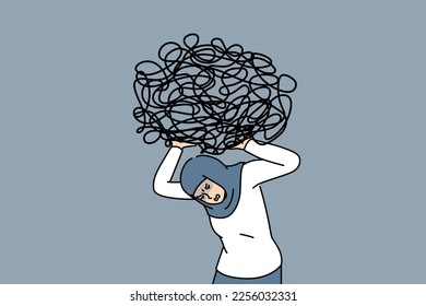 Unhappy Arabic businesswoman carrying on shoulder heavy messy load suffer from work difficulties and crisis. Distressed arab female employee with burden on back. Vector illustration. 