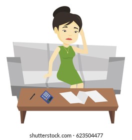 Unhappy asian woman calculating home bills. Upset woman accounting costs and mortgage for paying home bills. Girl analyzing home bills. Vector flat design illustration isolated on white background.