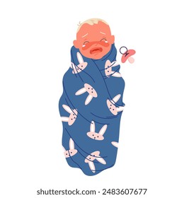 Unhappy baby crying, dummy falling out of mouth, babysitting. Angry newborn boy wrapped in funny blue nappy with rabbits, top view of tired hungry child and pacifier cartoon vector illustration