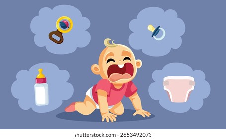 
Choro de bebê infeliz por muitas razões Ilustração de conceito de vetor. Criança tentando comunicar suas necessidades gritando e chorando 
