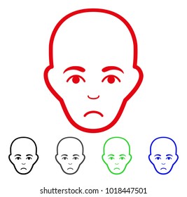 Unhappy Bald Head vector pictograph. Vector illustration style is a flat iconic bald head symbol with gray, black, blue, red, green color versions. Face has pitiful expression.