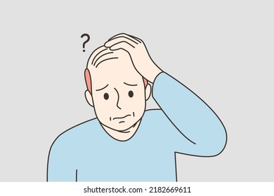 Unhappy bald man suffer from alopecia. Stressed upset male character struggle with hair loss disease. Healthcare problem. Vector illustration. 