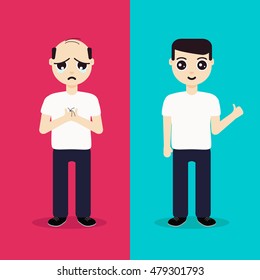 Unhappy balding man becomes happy in the result of alopecia treatment. Before and after hair regeneration and transplantation. Perfect for clinics and diagnostic centers. Vector illustration.
