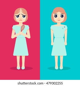 Unhappy balding woman becomes happy in the result of alopecia treatment. Before and after hair regrowth and transplantation. Perfect for hair clinics and diagnostic centers. Vector illustration.