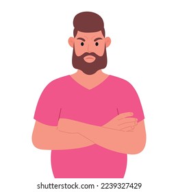 Unhappy bearded man in pink t-shirt with crossed arms. Anger. Vector illustration.