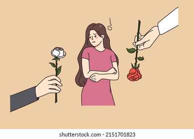 Unhappy beautiful girl refuse from flowers offered by various men. Guys present roses to pretty young woman feeling upset and lonely. Concept of attention and courtship. Vector illustration. 