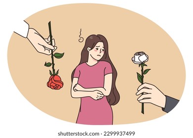 Unhappy beautiful girl refuse from flowers offered by various men. Guys present roses to pretty young woman feeling upset and lonely. Concept of attention and courtship. Vector illustration.