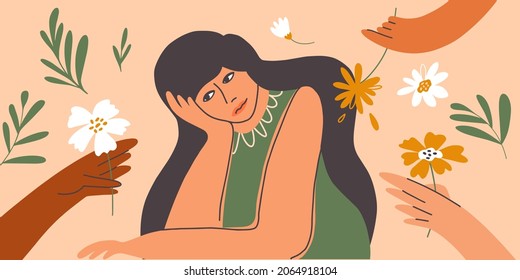 Unhappy beautiful woman looks at flower offered to her. Men hands gift flowers. Sign of attention, courtship for sad female. Suitors try to cheer up upset girl. Apathy, melancholy vector illustration