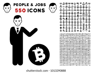 Unhappy Bitcoin Businessman icon with 550 bonus pity and glad user icons. Vector illustration style is flat black iconic symbols.