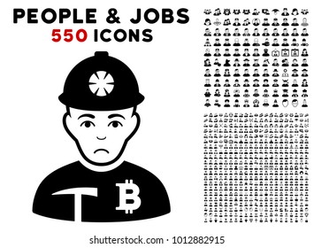 Unhappy Bitcoin Miner pictograph with 550 bonus pitiful and glad men symbols. Vector illustration style is flat black iconic symbols.