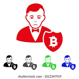 Unhappy Bitcoin Protector vector pictogram. Vector illustration style is a flat iconic bitcoin protector symbol with gray, black, blue, red, green color versions. Face has dolor expression.