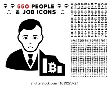 Unhappy Bitcoin Trader icon with 550 bonus pity and happy jobs graphic icons. Vector illustration style is flat black iconic symbols.