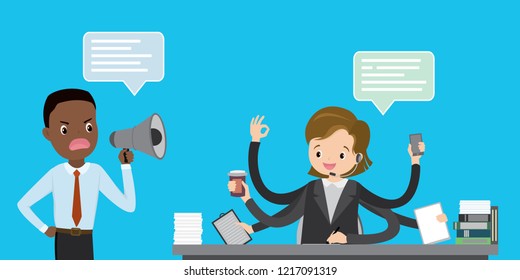Unhappy boss with megaphone shouting at Multitasking european female,successful businesswoman, secretary or office worker,flat vector illustration