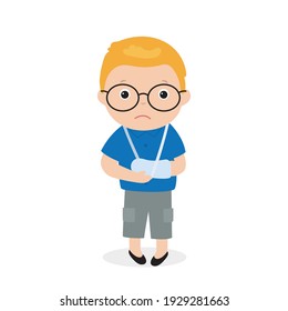 Unhappy boy with broken arm. First aid for trauma, arm in cast. Health care. Funny male character isolated on white background. Sad school boy kid. Flat vector illustration