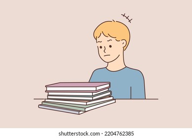 Unhappy boy child sit at desk look at books unmotivated for studying. Upset kid distressed about learning or education. Vector illustration. 