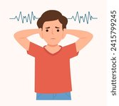 Unhappy boy covering her ears not to hear loud noises. Kid sensitive to loud sounds. Early signs of autism syndrome in children.  Vector illustration