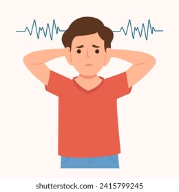 Unhappy boy covering her ears not to hear loud noises. Kid sensitive to loud sounds. Early signs of autism syndrome in children.  Vector illustration