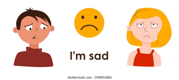 Unhappy boy and girl characters. Sad children. Portrait of a small kids in a bad mood. Emotional, behavior, grief, mental state, health of the child. Vector illustration isolated on white background.