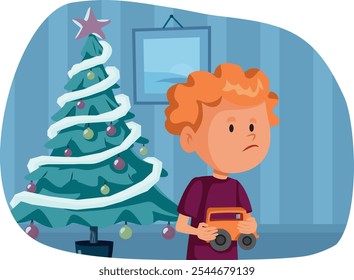 
Unhappy Boy Receiving a Bad Christmas Present Vector Illustration. Child acting sad about the gift he received from his parents
