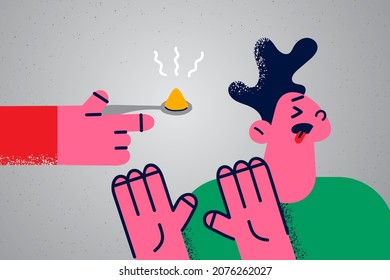 Unhappy Boy Refuse Eating Product Feel Disgusted With Taste Or Smell. Stubborn Child Reject Food Or Meal. Childhood Nutrition Problem Concept. Bad Habit. Vector Illustration, Cartoon Character. 