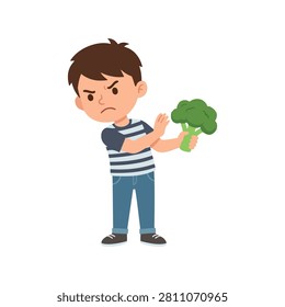 Unhappy Boy Refusing to Eat Broccoli Vegetable Showing Dislike and Disagreement with Healthy Food