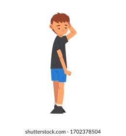 Unhappy Boy Scratching His Head, Cute Sad Child Wearing Shorts and Tshirt Vector Illustration