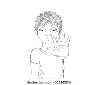Unhappy boy showing hand sign enough. Against violence. Stop the violence. Sad child closed his eyes. Portrait on the white background.  Vector illustration