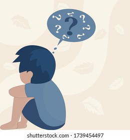 Unhappy boy sitting and hugging knees pondering the concept of supporting and caring for people under the concept of depression, stress. Vector illustration flat isolated on dry leaves background.