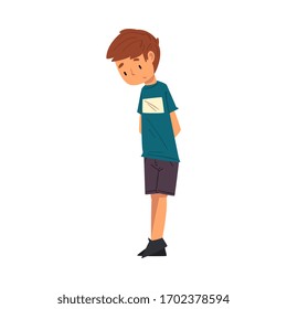 Unhappy Boy Standing with Bowed Head, Cute Sad Child in Shorts and Tshirt Vector Illustration