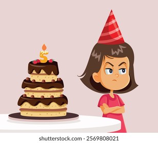 
Unhappy Brat Kid Not Liking her Birthday Cake Vector Cartoon. Bratty behavior feeling joyless at her own anniversary 
