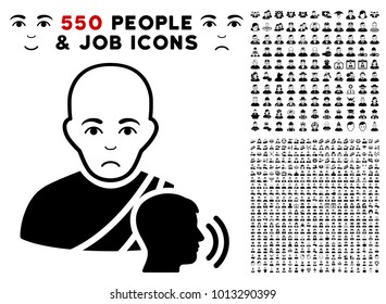 Unhappy Buddhist Confession pictograph with 550 bonus pitiful and happy person graphic icons. Vector illustration style is flat black iconic symbols.