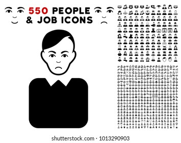 Unhappy Bureaucrat icon with 550 bonus pity and glad user design elements. Vector illustration style is flat black iconic symbols.