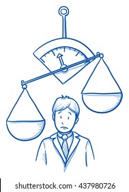 Unhappy business man, with uneven scales. Concept for imbalance. Hand drawn line art cartoon vector illustration.