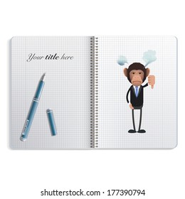 Unhappy business monkey with his thumb down printed on notebook. 