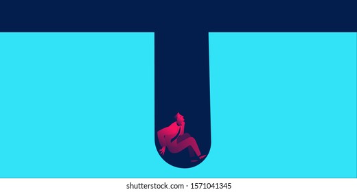 Unhappy businessman bankrupt, falling into the pit. Business concept in red and blue neon gradients