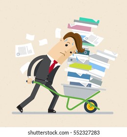 Unhappy businessman carries pile of documents, folders, paper on a cart . Reports, finance, business, accounting. Vector, illustration, flat