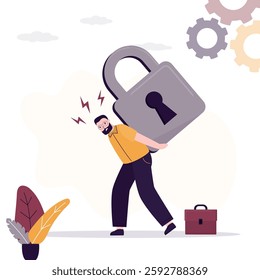 Unhappy businessman carrying heavy padlock suffer from bankruptcy. Challenges, problems and difficulties. Stressed man employee pressed by lock burden. Debt and financial crisis. Vector illustration