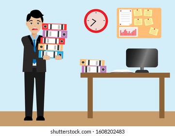 Unhappy businessman carrying stack of document folders to his office desk Isolated on light background. Idea for overtime, hard working, stress and lifestyle in office. Vector Illustration.