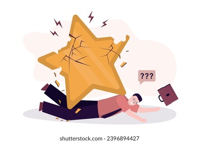 Unhappy businessman crushed by weight broken star. Bad business reputation. Low rating, negative reviews lowered the rank. Poor quality of service, business or work. flat vector illustration