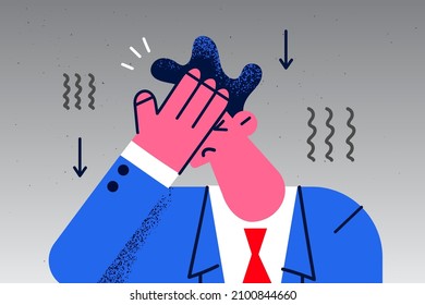 Unhappy businessman distressed with firing or dismissal from office. Upset frustrated male employee or worker stressed with bad news at workplace. Job stress. Flat vector illustration. 