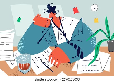 Unhappy businessman drinking whiskey working in office late hours. Upset unmotivated male employee overwhelmed with paper work. Burnout and fatigue. Vector illustration. 