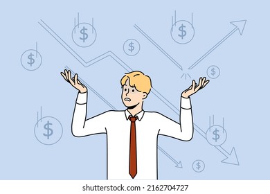 Unhappy businessman feel frustrated with stock market crisis losing money. Distressed man employee confused with financial depression and bankruptcy. Flat vector illustration. 